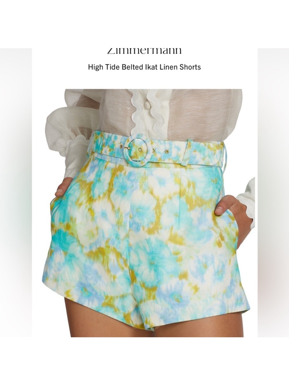 Zimmermann High Tide Belted Ikat Linen Shorts - Aqua/Yellow/White